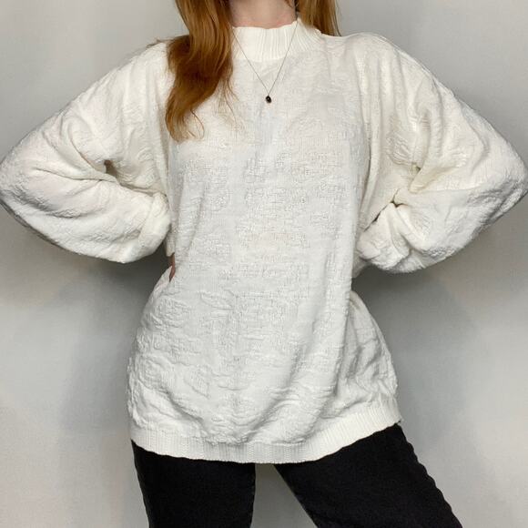 Vintage 80s Spunky Oversized 0X Ivory Floral Embroidered Mockneck Sweater - Picture 2 of 10